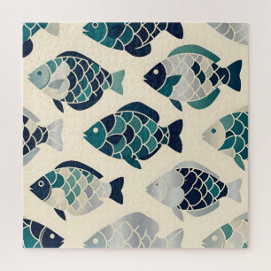 Teal Navy Blue Stylised Fish Repeating Pattern Jigsaw Puzzle