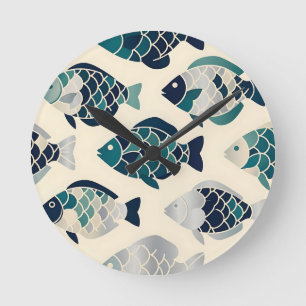 Teal Navy Blue Stylised Fish Repeating Pattern Round Clock