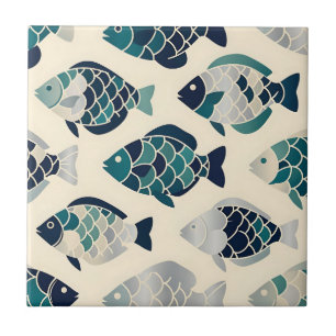 Teal Navy Blue Stylised Fish Repeating Pattern Tile