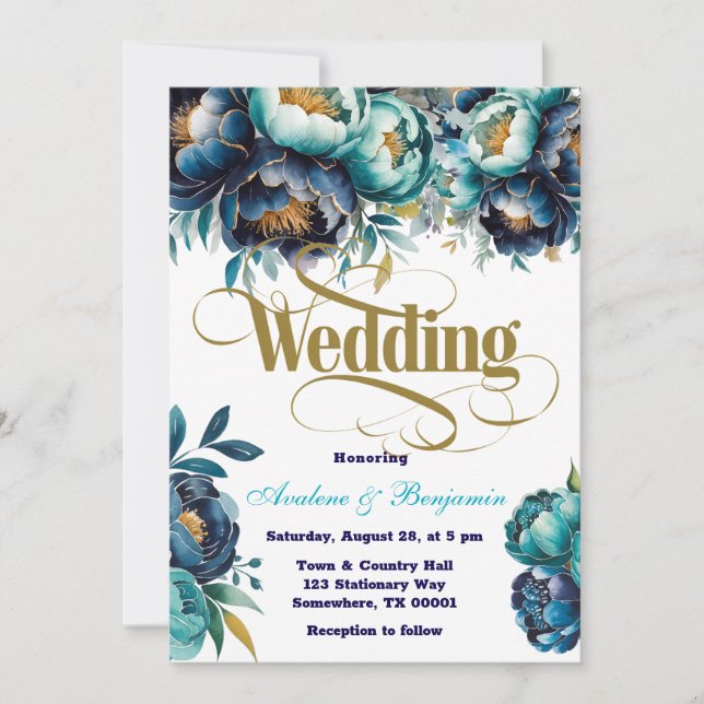 Teal Navy Blue Watercolor Peony Wedding Invitation (Front)