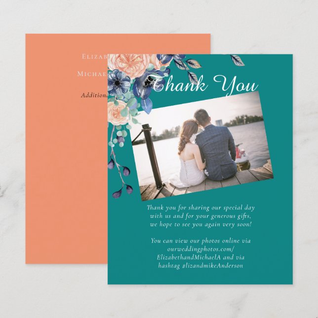 Teal Navy Coral Floral Budget Wedding Stationery (Front/Back)