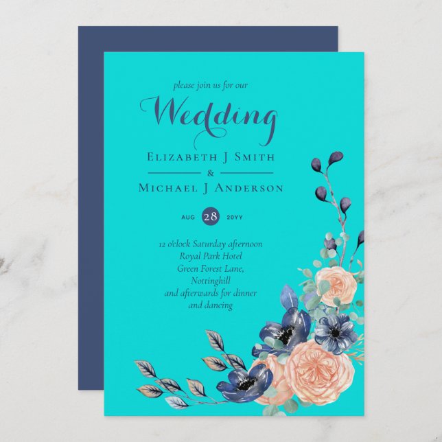 Teal Navy Coral Floral Budget Wedding Stationery (Front/Back)