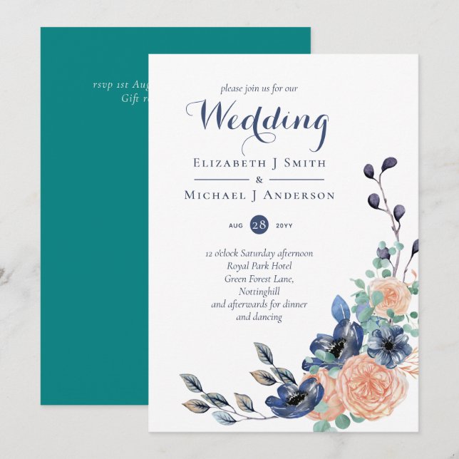 Teal Navy Coral Floral Budget Wedding Stationery (Front/Back)