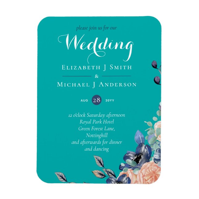 Teal Navy Coral Floral Budget Wedding Stationery Magnet (Vertical)