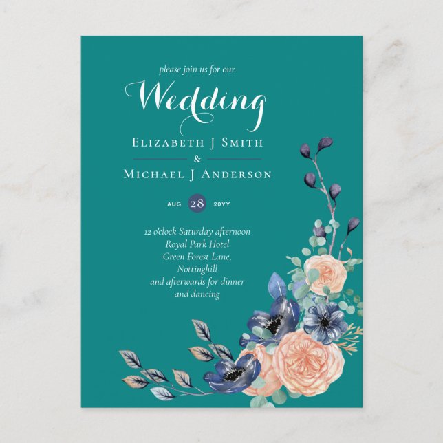 Teal Navy Coral Floral Budget Wedding Stationery Postcard (Front)