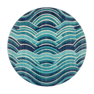 Teal Navy Geometric Ocean Waves Repeating Pattern Cutting Board