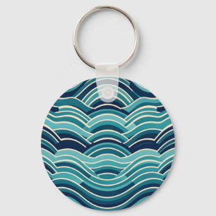 Teal Navy Geometric Ocean Waves Repeating Pattern Key Ring