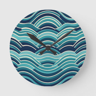 Teal Navy Geometric Ocean Waves Repeating Pattern Round Clock