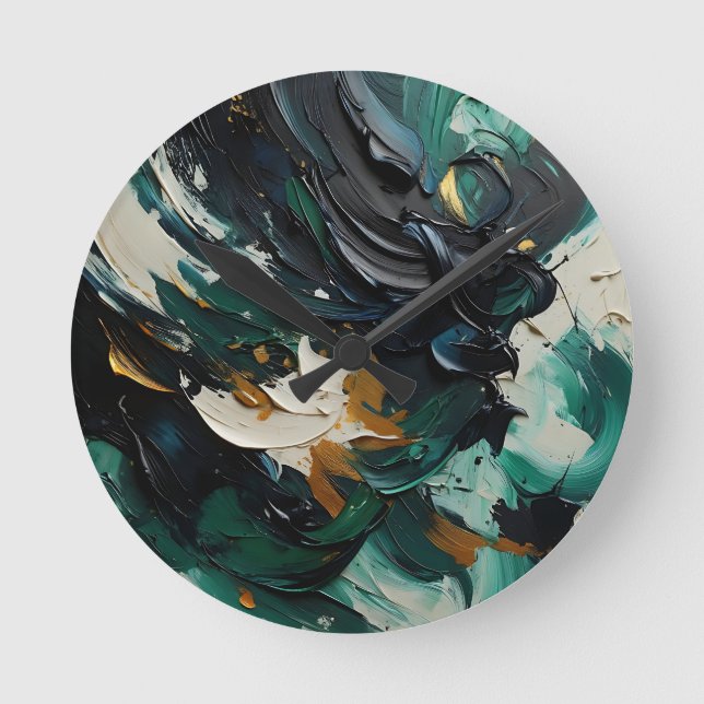 Teal Navy Gold Abstract Swirls Round Clock (Front)