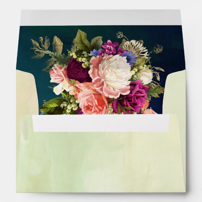 Teal, Navy, Green, Gold Bold Florals Wedding Envelope (Back (Bottom))