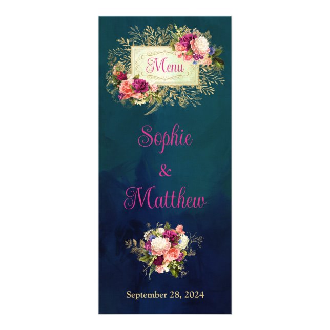 Teal, Navy, Green, Gold Bold Florals Wedding Menu (Front)