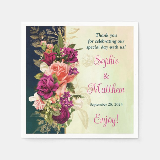 Teal, Navy, Green, Gold Bold Florals Wedding Napkin (Front)