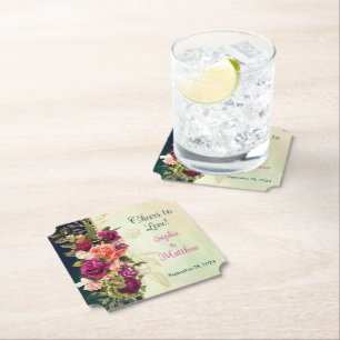 Teal, Navy, Green, Gold Bold Florals Wedding Paper Coaster