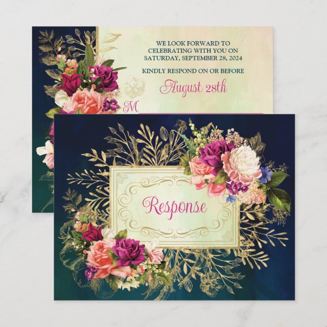 Teal, Navy, Green, Gold Bold Florals Wedding RSVP Card (Front/Back)