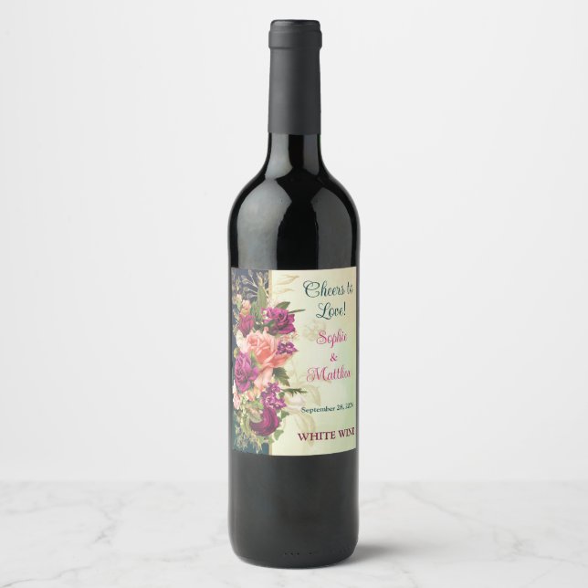 Teal, Navy, Green, Gold Bold Florals Wedding Wine Label (Front)