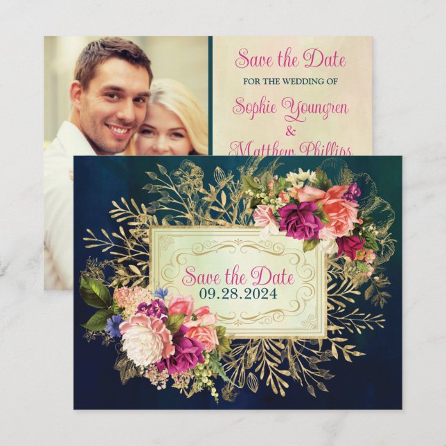 Teal, Navy, Green, Gold Floral PHOTO Save the Date (Front/Back)