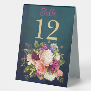 Teal, Navy, Green, Gold Florals Table Number Card