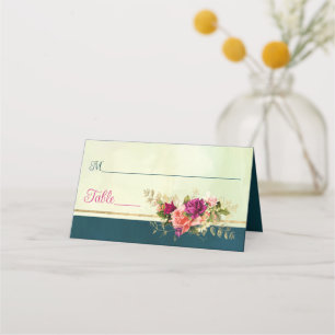 Teal, Navy, Green, Gold Florals Wedding Place Card