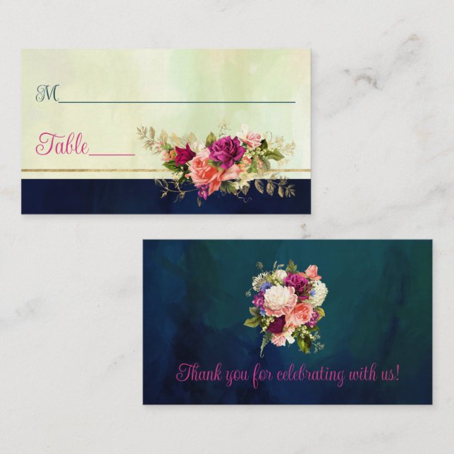 Teal, Navy, Green, Gold Florals Wedding Place Card (Front/Back)