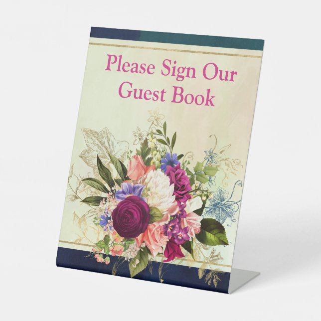 Teal, Navy, Green, Gold Florals Wedding Sign (Front)