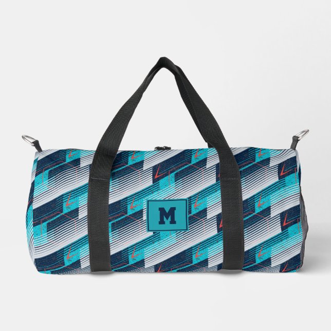 Teal Navy Grey Abstract Geometric Stripes Sports Duffle Bag (Front)