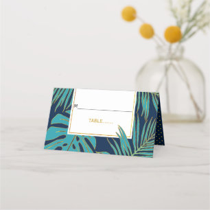 Teal, navy leaves tropical wedding folded escort place card