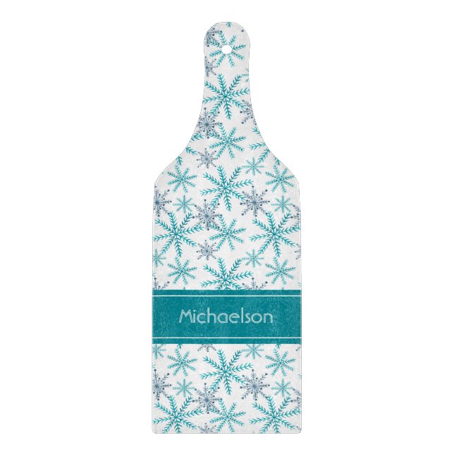 Teal Navy Snowflake Pattern Personalised Cutting Board (Front)