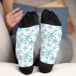 Teal Navy Snowflake Retro Pattern Socks