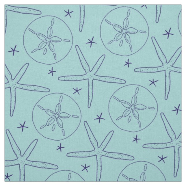 Teal, Navy Starfish, Sand Dollar Beach Theme Fabric (Swatch)