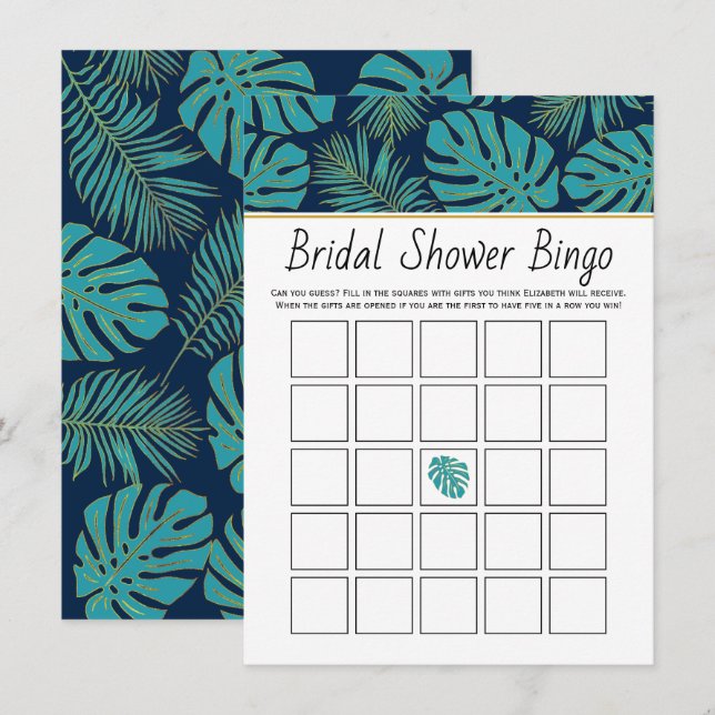 Teal, navy tropical leaves bridal bingo game card (Front/Back)