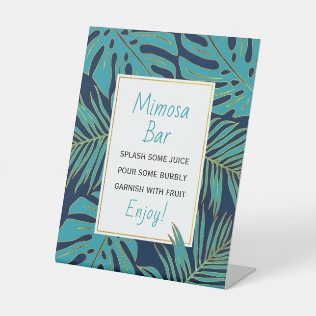 Teal, navy tropical leaves wedding bridal shower pedestal sign (Front)