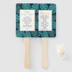 Teal, navy tropical leaves wedding program hand fan