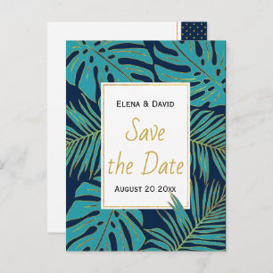 Teal, navy tropical leaves wedding Save the Date Announcement Postcard
