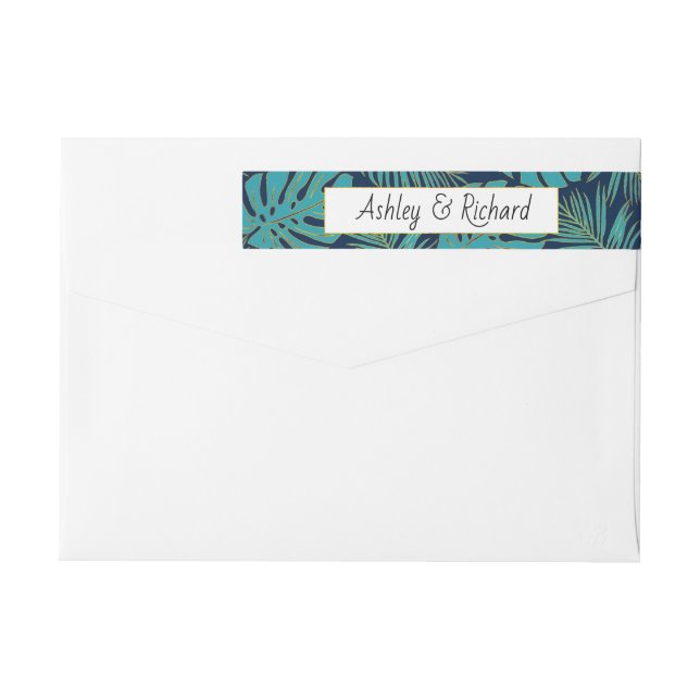 Teal, navy tropical monstera, palm leaves wedding wrap around label (Back)
