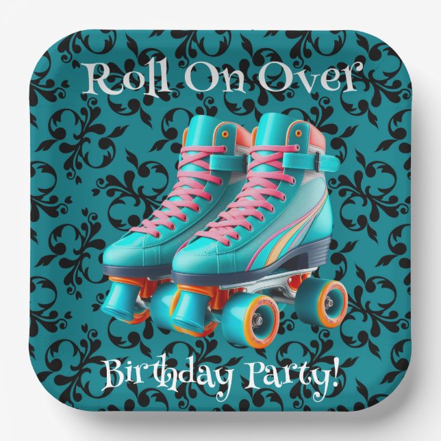 Teal Neon Rollerskate Birthday Party Paper Plate (Front)
