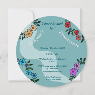 Teal New Year's dinner party with floral wreath Invitation
