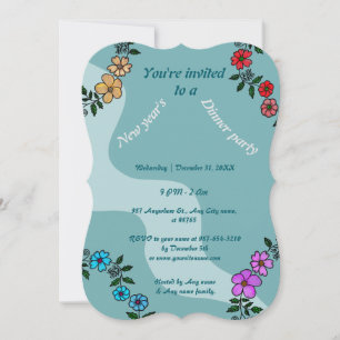 Teal New Year's dinner party with floral wreath Invitation