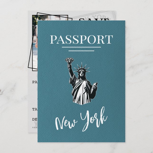 Teal New York City Passport Save The Date (Front/Back)
