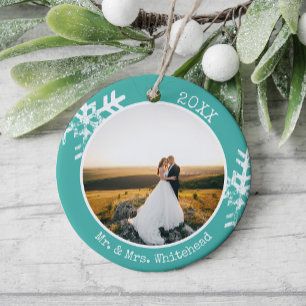 Teal Newlywed Snowflake 1st Christmas Ceramic Tree Decoration