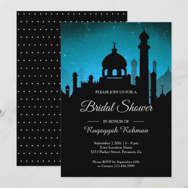 Teal Night Sky Arabian Nights Bridal Shower Invitation (Front/Back)