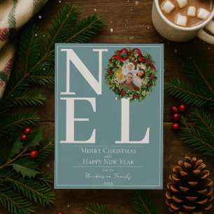 Teal Noel Christmas Wreath Photo Holiday Card
