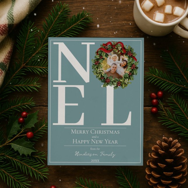 Teal Noel Christmas Wreath Photo Holiday Card (Teal Noel Christmas Wreath Photo Holiday Card)