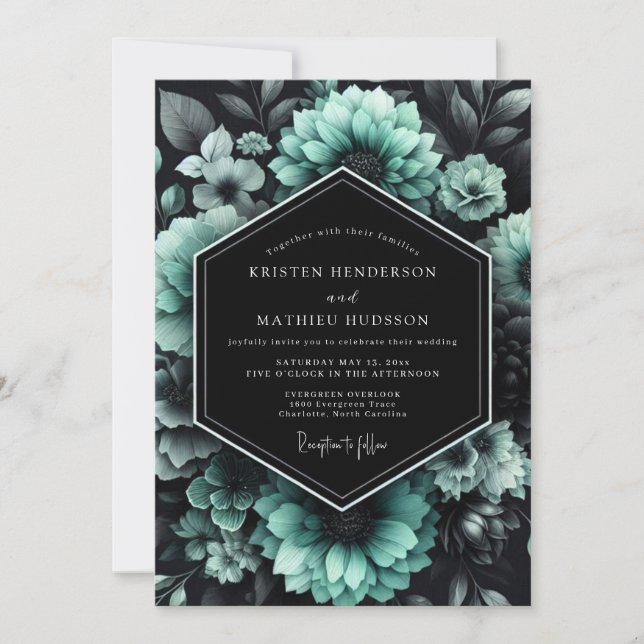 Teal Noir Floral Wedding Invitation (Front)
