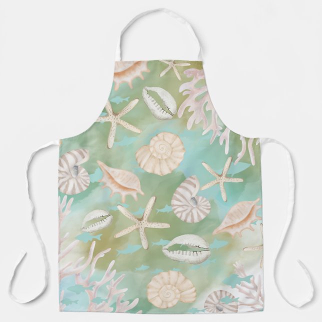 Teal Ocean Seashells Beachy Pattern Apron (Front)