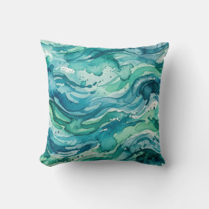 Teal Ocean Watercolor Abstract Pattern Cushion
