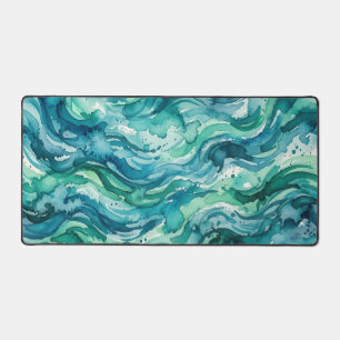 Teal Ocean Watercolor Abstract Pattern Desk Mat