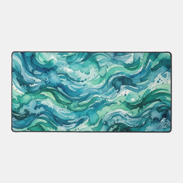 Teal Ocean Watercolor Abstract Pattern Desk Mat (Front)