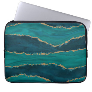 Teal Ocean Waves with Gold Accents Laptop Sleeve