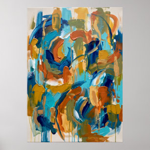 Teal Ochre Abstract Brushwork Poster