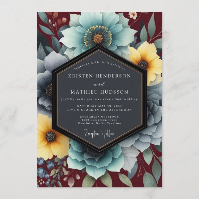 Teal & Ochre Bohemian Bloom Wedding Invitation (Front)